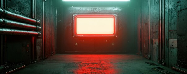 Aufkleber - A dimly lit corridor features glowing red light, casting dramatic shadows on the walls, creating a futuristic and eerie atmosphere.