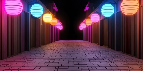 Poster - A vibrant, illuminated pathway features colorful lanterns, creating a mesmerizing atmosphere in a darkened setting.