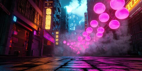 Poster - A vibrant, neon-lit alleyway filled with pink lanterns, shrouded in mist, exuding a futuristic ambiance.