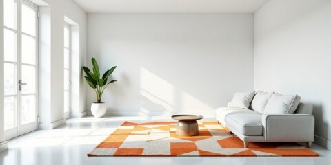 Poster - Modern Minimalist Living Room Interior Design with Orange and White Accents Featuring a Comfortable Sofa and Natural Light