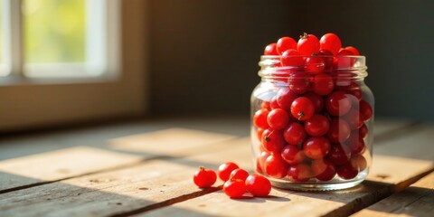 Poster - Sunlit Rustic Still Life A Glass Jar Filled with Vibrant Red Berries Sits on a Weathered Wooden Surface, Bathed in Warm Golden Light
