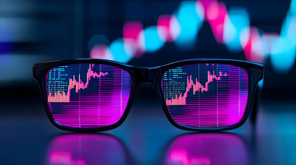 Poster - Glasses with Financial Data Reflection and Colorful Graphs Background