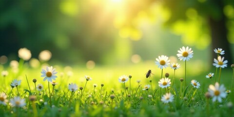 Aufkleber - Golden sunlight illuminates a vibrant meadow filled with delicate daisies, a busy bee gracefully flying amidst the cheerful blossoms, creating a serene and idyllic springtime scene.
