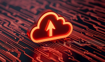 Poster - Cloud Storage Icon with Upload Arrow over Circuit Board Background