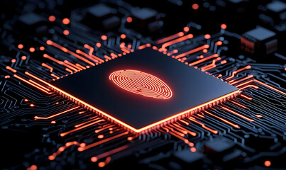 Poster - Futuristic Microchip with Fingerprint Design on Circuit Board