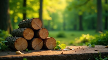 Aufkleber - Stack of neatly arranged tree logs in a sunlit forest clearing, resting on a rustic wooden surface, surrounded by vibrant green foliage