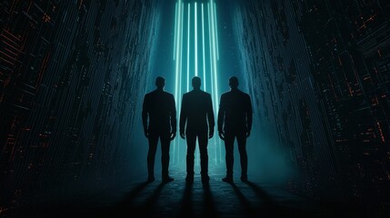 Aufkleber - Three silhouetted figures stand against a backdrop of glowing, vertical light beams, creating a mysterious and futuristic ambiance.