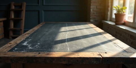 Aufkleber - Rustic Wooden Table with Sunlit Surface, Aged Texture and Subtle Cracks, Showing Natural Light and Shadow Play in a Room with a Ladder and Plant