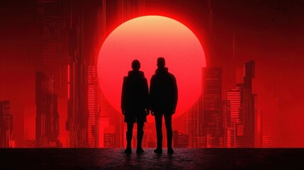 Poster - A striking silhouette of two figures holding hands against a vivid red sun and futuristic cityscape.
