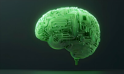Poster - Neon Green Brain Illustration with Circuit Patterns on Dark Background