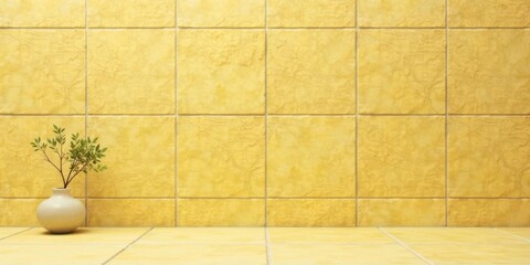 Poster - Serene Minimalist Still Life Featuring a Small Plant in a Ceramic Vase Against a Yellow Tiled Wall