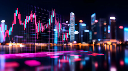 Poster - Vibrant Stock Market Chart Overlay Against City Skyline at Night
