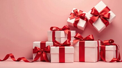Poster - A festive arrangement of elegantly wrapped presents with vibrant red ribbons, showcasing a delightful collection of gifts perfect for celebrations