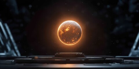 Poster - A glowing orange planet hovers in a dark, futuristic environment, creating a striking cosmic scene.
