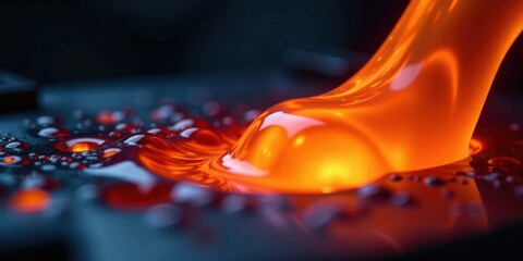Poster - Molten Liquid Pouring Onto a Dark Surface Creating Abstract Shapes and Reflections
