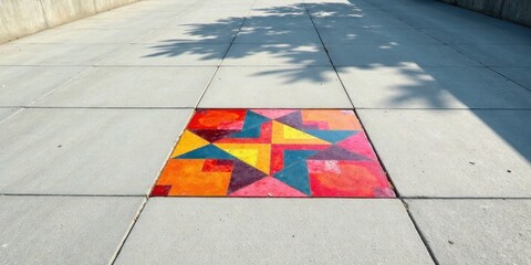 Poster - Vibrant Geometric Pavement Art Detail A Sun-Dappled View of Colorful Embedded Mosaic Design on a Light Gray Concrete Walkway