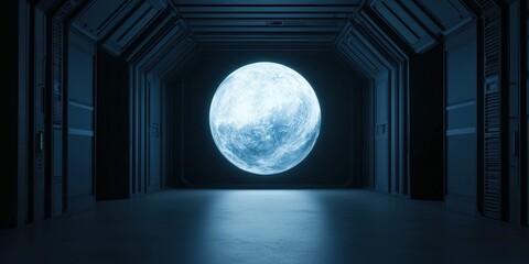 Poster - A futuristic corridor features a large, glowing moon, creating a surreal and otherworldly atmosphere.