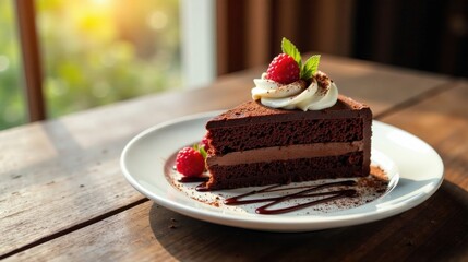 Poster - A decadent slice of moist chocolate layer cake, elegantly presented on a white plate, adorned with fresh raspberries and a dollop of whipped cream, bathed in warm sunlight.