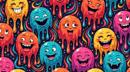 Aufkleber - Joyful Melted Faces Seamless Pattern A Vibrant and Playful Design Featuring Expressive Cartoon Characters with Dripping Textures in a Repeating Background