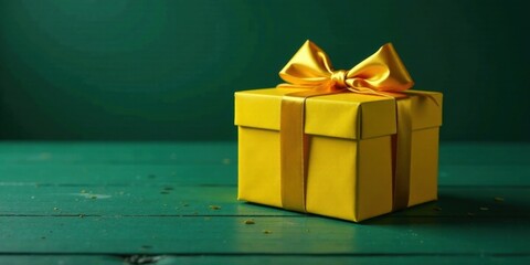 Aufkleber - A vibrant yellow gift box with a golden ribbon, resting on a dark green wooden surface, ready for a special occasion