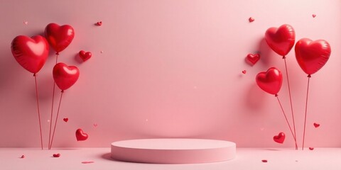Poster - Romantic Heart-Shaped Balloons Float Above a Pink Pedestal, Perfect for Valentine's Day Displays or Love-Themed Product Showcases