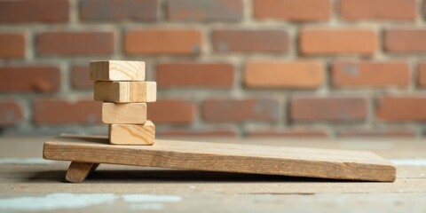Aufkleber - Wooden blocks balanced on a rustic plank against a blurred brick wall background, symbolizing stability and careful construction.