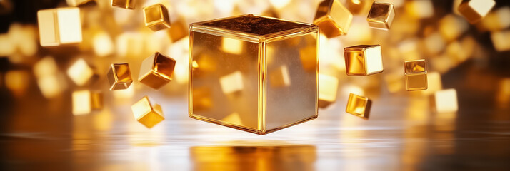 Poster - In a mesmerizing void, a massive cube made of shimmering smaller cubes floats serenely, showcasing a complex fractal composition. The ethereal beauty captivates the viewer