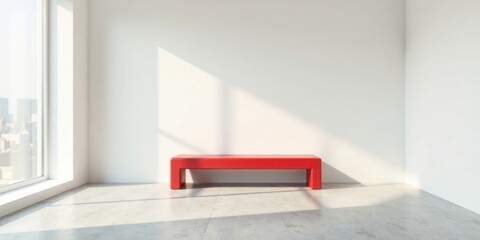 Aufkleber - A crimson bench sits in a minimalist room bathed in sunlight, offering a tranquil and serene atmosphere