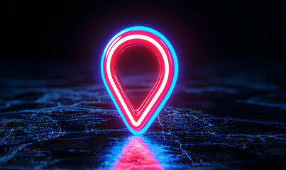 Poster - Neon Location Marker with Blue and Red Glow on Digital Background
