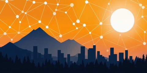 Aufkleber - A vibrant sunset over a city skyline, with mountains in the background and a network of connected dots suggesting technology or communication.