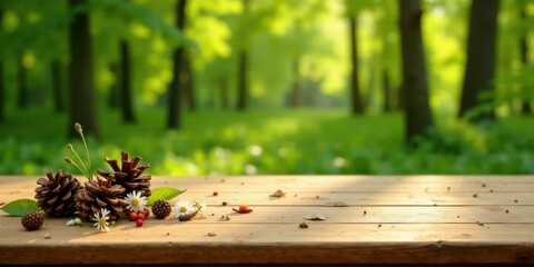 Poster - Serene woodland scene featuring pine cones, wildflowers, and berries artfully arranged on a sunlit wooden surface with a blurred forest backdrop