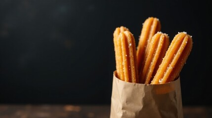 Poster - A delectable treat crispy fried dough pastries, generously coated in sweet sugar, nestled within a rustic paper bag