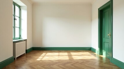 Fototapete - Sunlight streams into a charming empty room with a herringbone wood floor, green trim, and a single green door