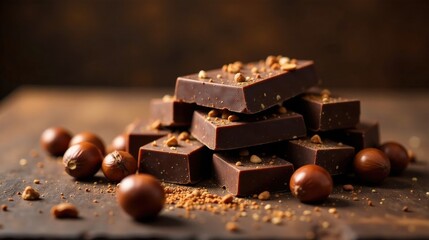 Poster - Dark Chocolate Squares with Roasted Nuts and Cocoa Nibs on Rustic Wood
