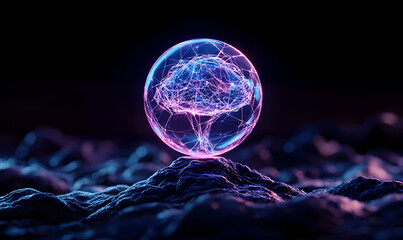 Poster - Digital Brain Concept with Neon Glow Over Abstract Landscape