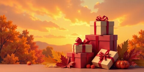 Aufkleber - Autumnal Gifts Stacked Against a Sunset Backdrop Featuring Fall Foliage and Gourds