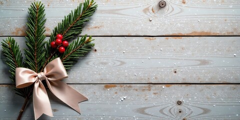Poster - Winter Holiday Festive Decoration on Rustic Wooden Background Featuring Evergreen Bough, Berries, and Elegant Bow