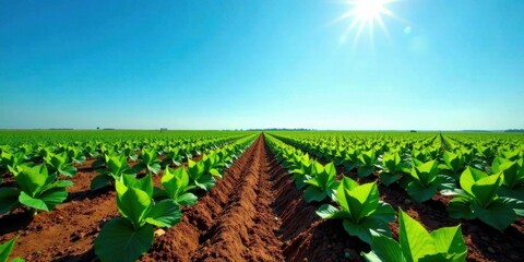 Poster - Vibrant green foliage thrives in a sun-drenched agricultural field, showcasing the beauty of cultivated plants under a clear blue sky.
