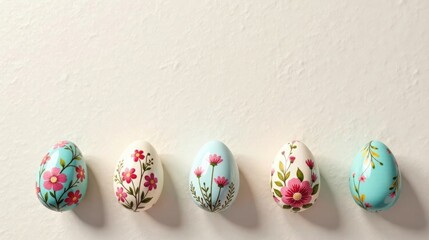 Poster - Decorative Easter Eggs with Floral Designs Arranged in a Row on a Light Background