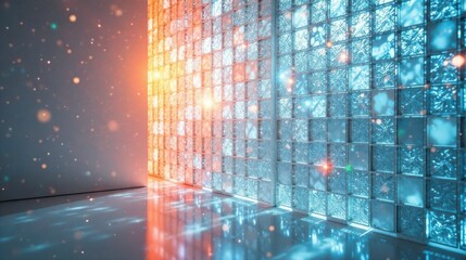 Poster - Illuminated Glass Block Wall with Warm and Cool Hues Reflecting on Polished Floor