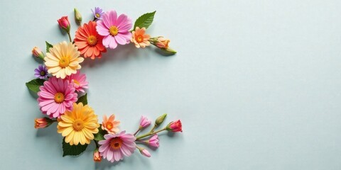 Poster - A Delicate Arrangement of Colorful Blossoms Forming a Crescent Moon Shape on a Pale Blue Background