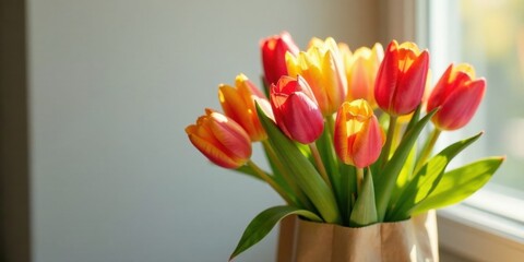 Aufkleber - Sunlit Bouquet of Vibrant Red and Yellow Tulips in a Simple Paper Wrapper, a Stunning Display of Springtime Blooms near a Window
