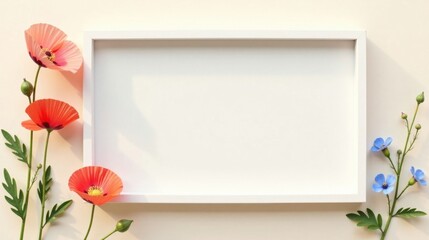 Poster - Elegant white frame surrounded by delicate poppies and flax flowers, a serene springtime scene.