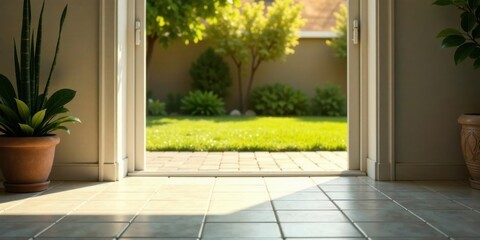 Fototapete - Sunlight streams through an open doorway, illuminating a tiled floor and showcasing a vibrant, peaceful backyard garden scene.