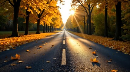 Poster - Autumnal Roadway Sunlit Path Through Golden Canopy of Trees with Fallen Leaves