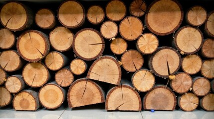 Aufkleber - A tightly stacked arrangement of numerous uniformly cut, light brown wood logs, showcasing the concentric rings and natural texture of the wood