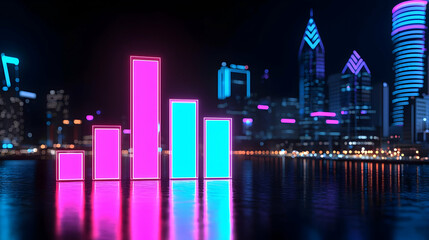 Poster - Colorful Neon Graph Chart Reflecting in Cityscape at Night