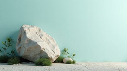 Aufkleber - Serene Minimalist Scene  Large Boulder Resting on Light Sand Against a Pale Green Wall, Flanked by Small Plants