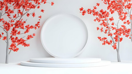 Poster - Minimalist Studio Set with White Background and Red Blossom Decor