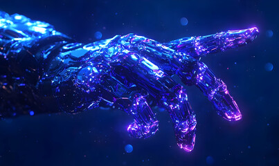 Poster - Futuristic robotic hand with vibrant neon colors against dark backdrop